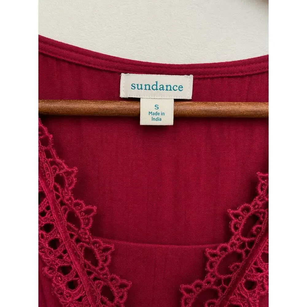 Sundance Red Embroidered Boho Dress Crochet Lace 3/4 Sleeve S Hippie Prairie